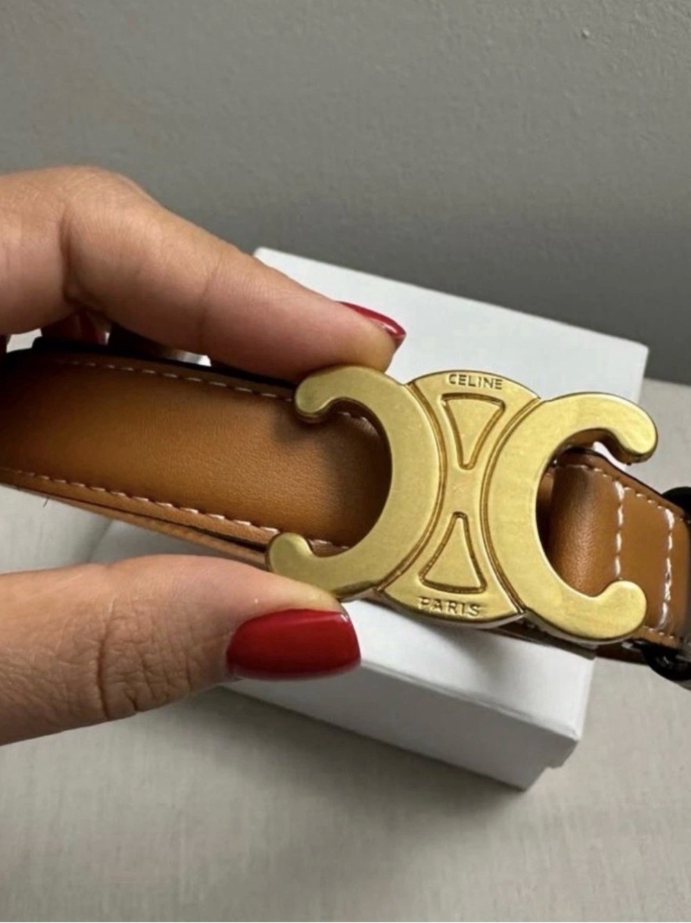 Celine Women's Triomphe Golden Calfskin Belt Small Size 95Brown New